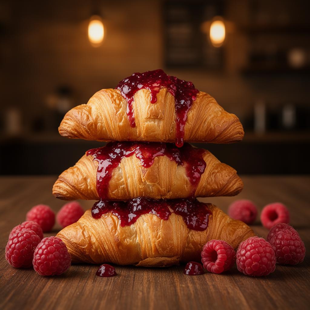 Stack of croissants with raspberry jam